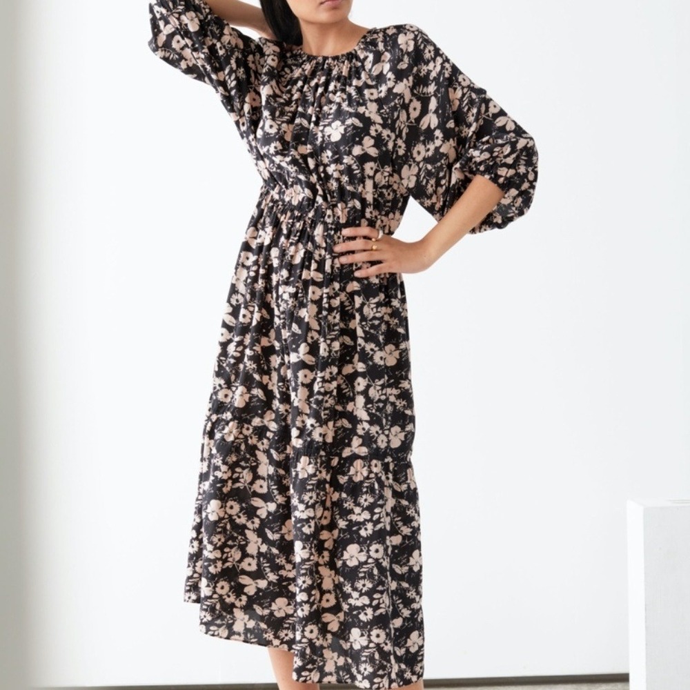 & Other Stories Puff Sleeve Midi Dress Sz‎ 10 Black Beige Floral